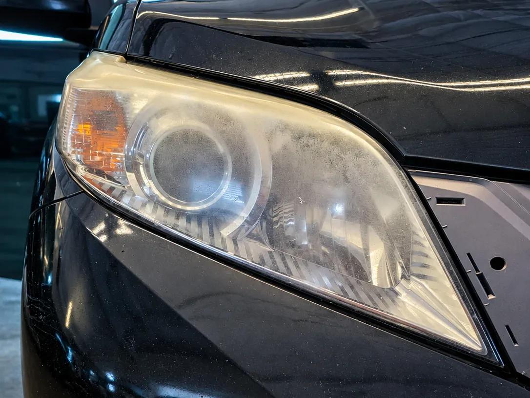Headlight before restoration, cloudy and yellowed